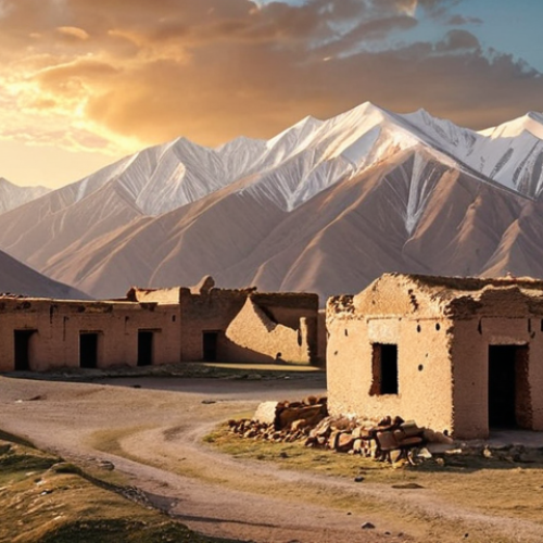 Home 4 **Prompt:** Ancient ruins of a Silk Road trading post in Kyrgyzstan. Focus on the crumbling walls, a distant mountain range, and the vast, open sky. Include details suggesting caravans and historical trade activity. Golden hour lighting.