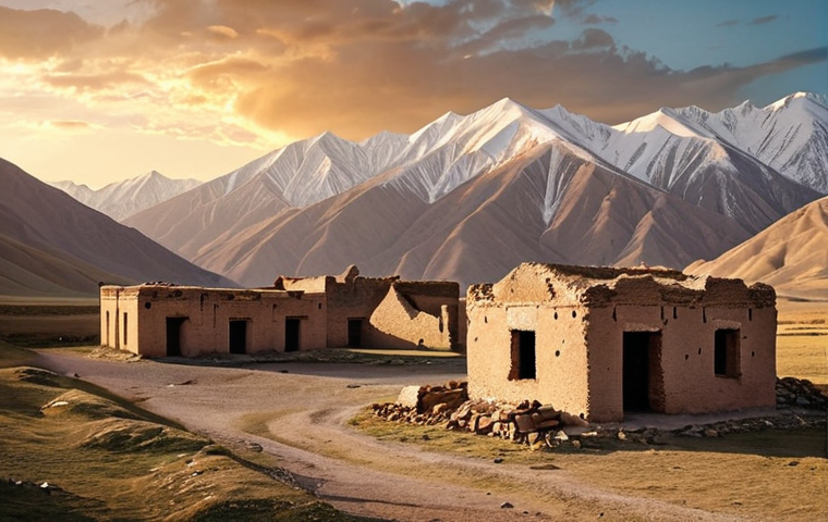**Prompt:** Ancient ruins of a Silk Road trading post in Kyrgyzstan. Focus on the crumbling walls, a distant mountain range, and the vast, open sky.  Include details suggesting caravans and historical trade activity.  Golden hour lighting.