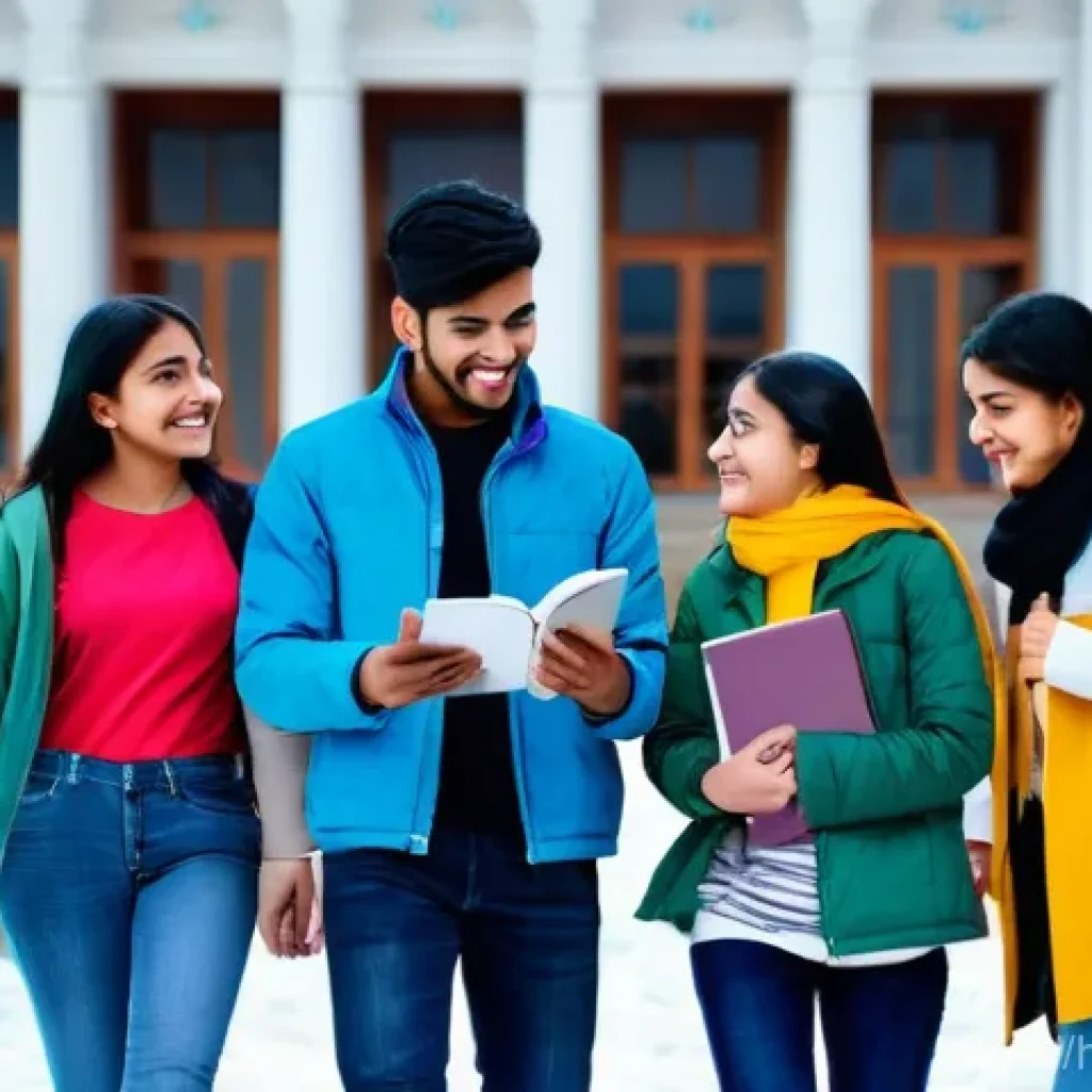 키르기스스탄 유학 가이드 - **Prompt:** A vibrant and optimistic scene depicting a diverse group of Indian university students (...