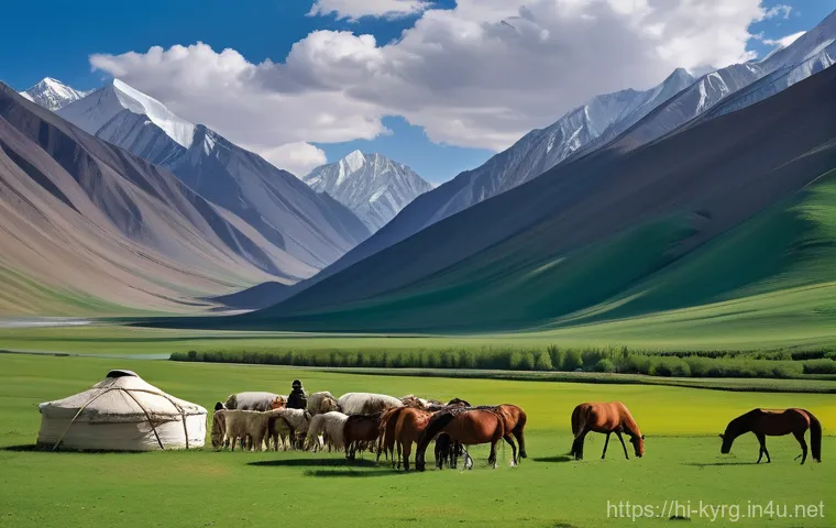 키르기스스탄에서 가볼 만한 산맥 - A breathtaking panoramic view of the majestic Tian Shan mountain range at sunrise. The jagged, snow-...