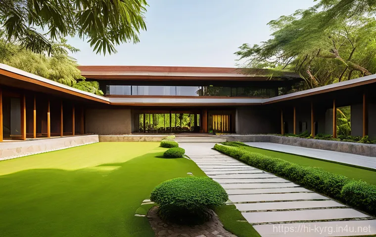 오슈 바자르 탐방 - **Prompt 1: Serene Entrance and Modern Spirituality at Osho International Meditation Resort**
"A...