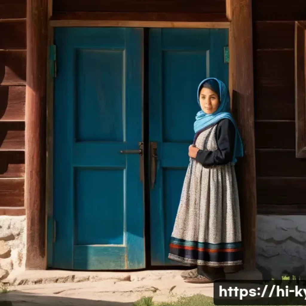 초이굴르 아이트마토프 작품 - A determined young Kirghiz woman (late teens to early twenties) stands confidently at the entrance o...
