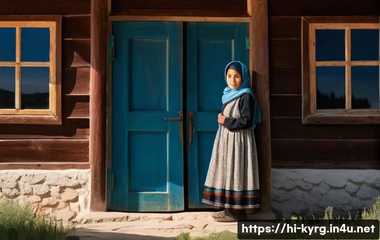 초이굴르 아이트마토프 작품 - A determined young Kirghiz woman (late teens to early twenties) stands confidently at the entrance o...