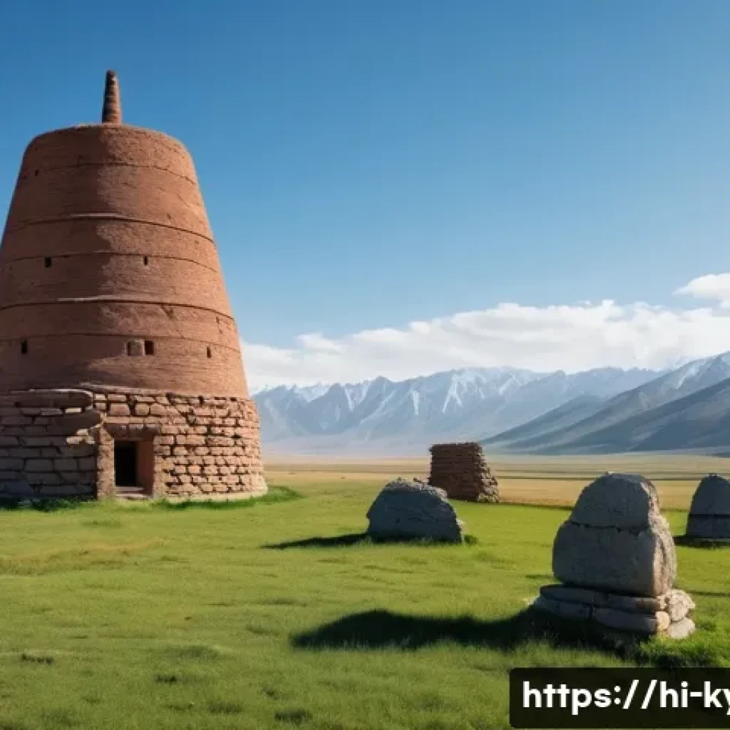 키르기스스탄 실크로드 유적지 - **Prompt:** A majestic, ancient Burana Tower stands tall against a clear blue sky in the Chuy Valley...