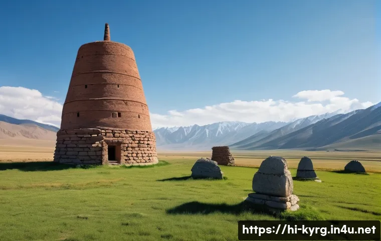 키르기스스탄 실크로드 유적지 - **Prompt:** A majestic, ancient Burana Tower stands tall against a clear blue sky in the Chuy Valley...