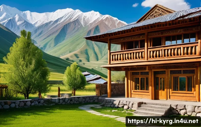 키르기스스탄 저렴한 숙소 - A cozy traditional Kyrgyz guesthouse nestled in a serene mountain village, decorated with colorful l...