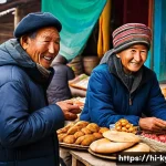 키르기스어 기본 문장 - A warm and inviting street market scene in Kyrgyzstan, bustling with local vendors and shoppers. Inc...