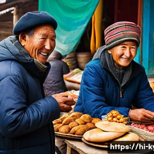 키르기스어 기본 문장 - A warm and inviting street market scene in Kyrgyzstan, bustling with local vendors and shoppers. Inc...