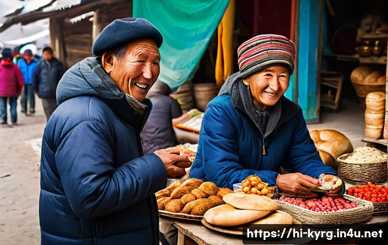 키르기스어 기본 문장 - A warm and inviting street market scene in Kyrgyzstan, bustling with local vendors and shoppers. Inc...