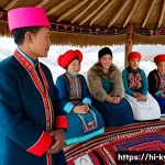 키르기스스탄에서 사는 외국인 - A vibrant traditional Kyrgyz wedding scene in a mountainous village setting during the daytime, show...