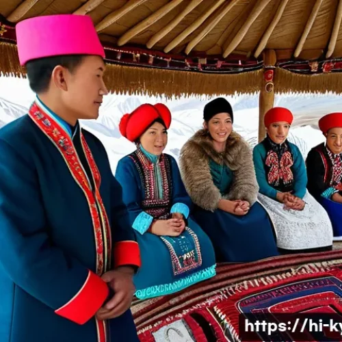 키르기스스탄에서 사는 외국인 - A vibrant traditional Kyrgyz wedding scene in a mountainous village setting during the daytime, show...