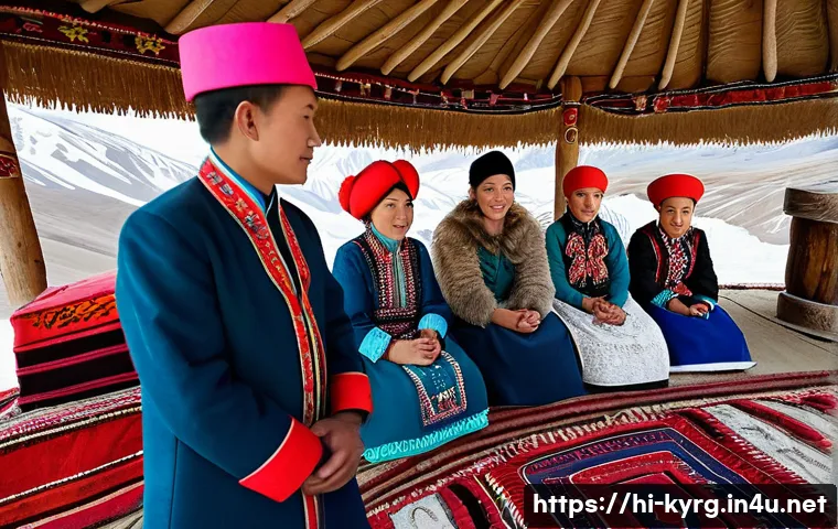 키르기스스탄에서 사는 외국인 - A vibrant traditional Kyrgyz wedding scene in a mountainous village setting during the daytime, show...