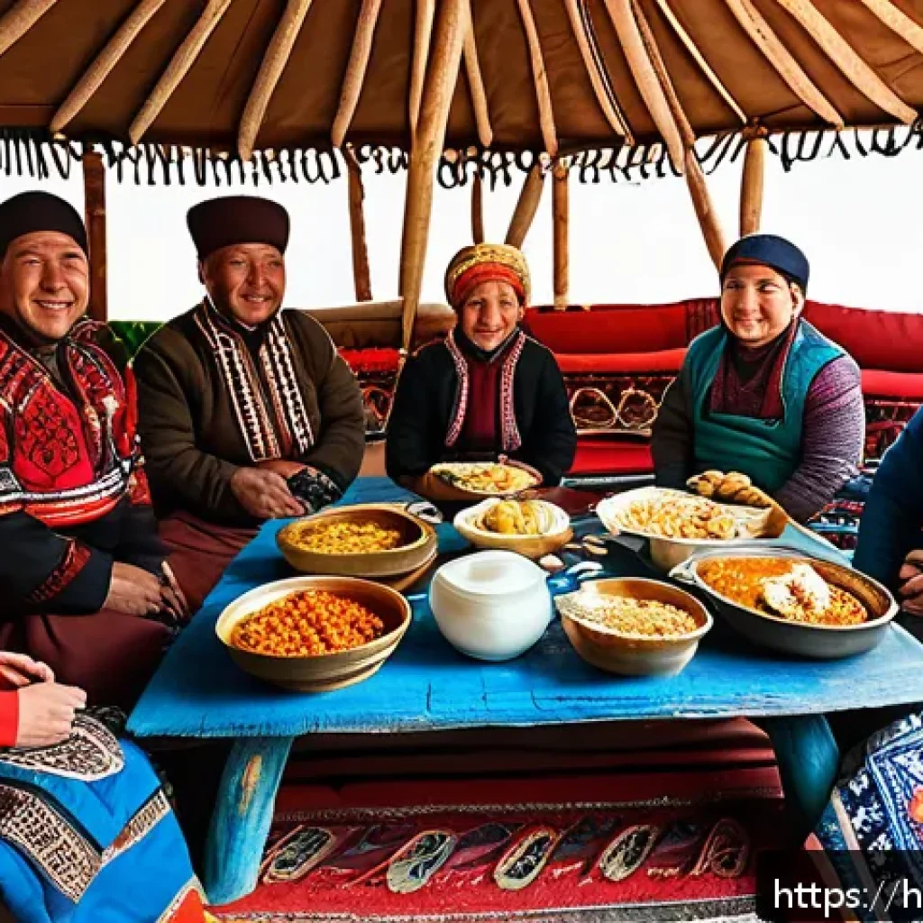 키르기스스탄 전통 음식 - A traditional Kyrgyz festive dining scene showcasing a large wooden table laden with vibrant dishes ...