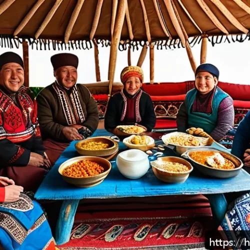 키르기스스탄 전통 음식 - A traditional Kyrgyz festive dining scene showcasing a large wooden table laden with vibrant dishes ...