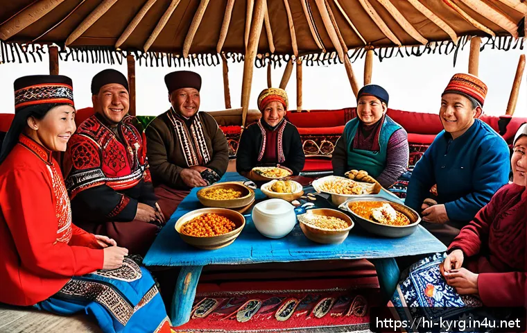 키르기스스탄 전통 음식 - A traditional Kyrgyz festive dining scene showcasing a large wooden table laden with vibrant dishes ...