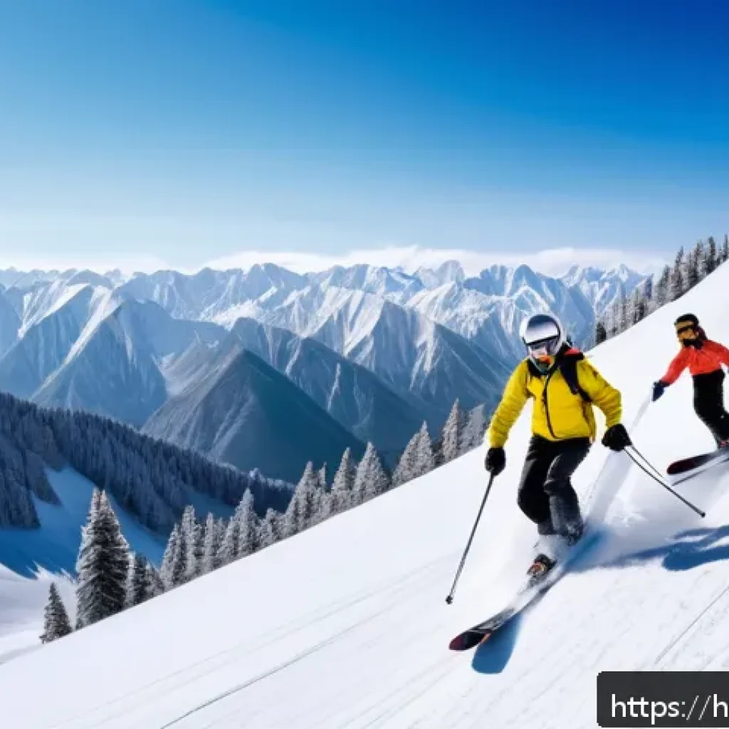 키르기스스탄 겨울 스포츠 - A panoramic view of snow-covered Kyrgyzstan mountains during winter, featuring a diverse group of sk...