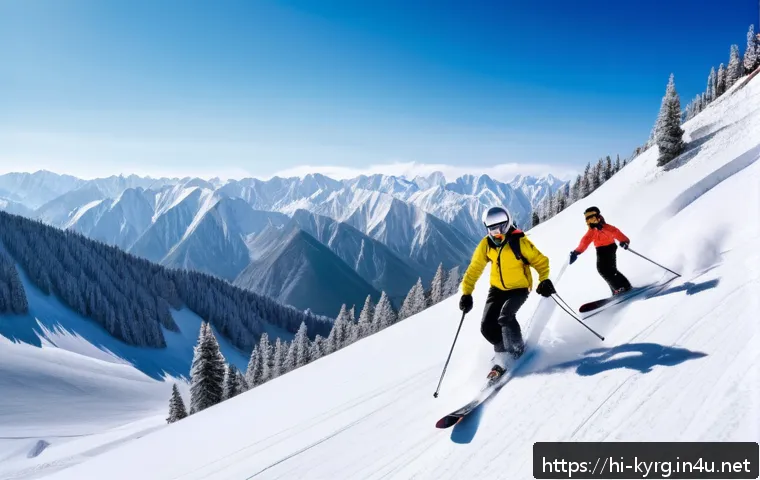 키르기스스탄 겨울 스포츠 - A panoramic view of snow-covered Kyrgyzstan mountains during winter, featuring a diverse group of sk...