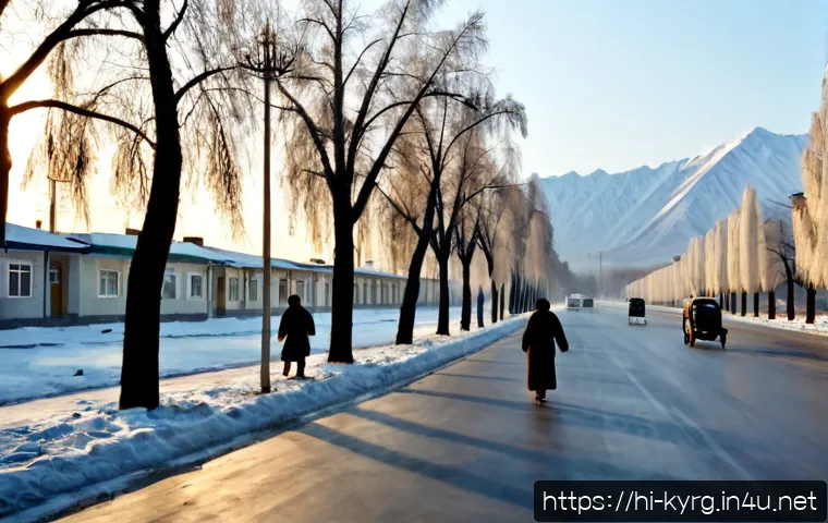 소련 시절 키르기스스탄 - Photorealistic 1980s Soviet-era Kyrgyzstan, a wide street in Bishkek with modest apartment blocks, m...
