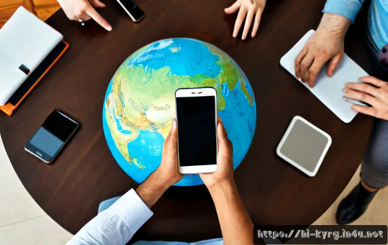 Home 17 러시아어 사용 비율 - Photorealistic overhead view of a diverse group of adults around a modern table, several people usin...
