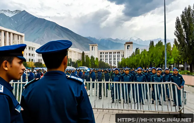 키르기스스탄 최근 쿠데타 사건 - Photorealistic editorial scene of a tense political unrest situation in Bishkek, Kyrgyzstan, a gover...